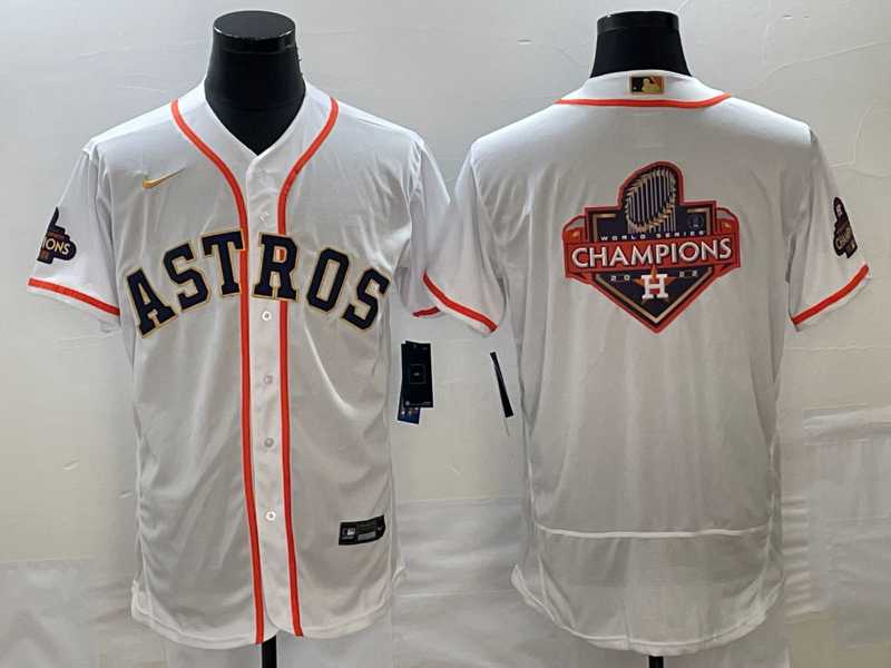 Mens Houston Astros Big Logo 2023 White Gold World Serise Champions Patch Flex Base Stitched Jersey